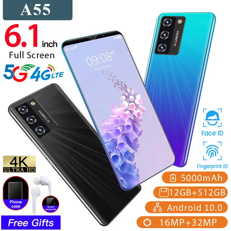 

5G Smart Mobile Phone A55 6.1Inch Full Screen 12GB+512GB Flash Memory Fingerprint Unlock 16+32MP 5000mAh Dual SIM Android 10.0