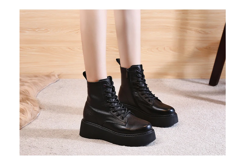 Women Boots Genuine Leather Ankle Boots flat Platform Boots Fashion zipper Thick bottom Black Ladies Shoes