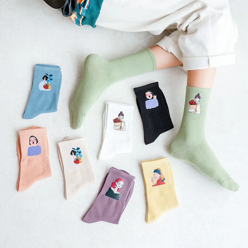 

Women Socks 2021 Autumn Winter New Cartoon Printing Elastic Breathable Women Fashion Socks Happy Cute Wild Cotton Socks Women