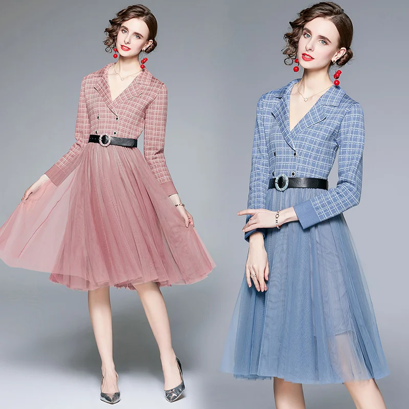 

Hepburn Wind Autumn Notched Collar Dress Elegant Women Plaid Pink Patchwork Mesh Double-Breasted Lady Ball Gown Dress With Belt