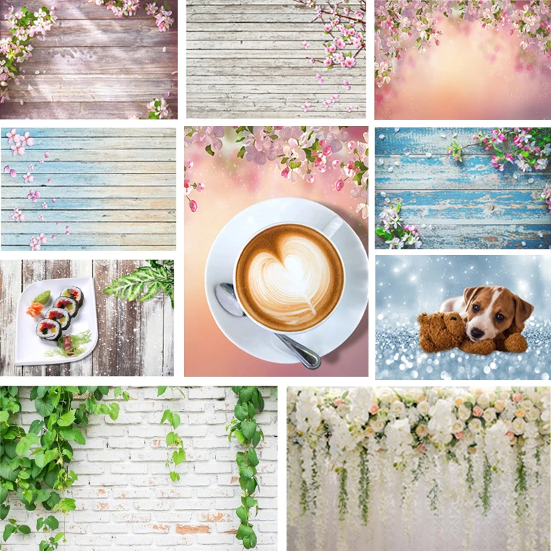 Фон для фотосъемки с деревянным полом цветами зеленым растением текстурой