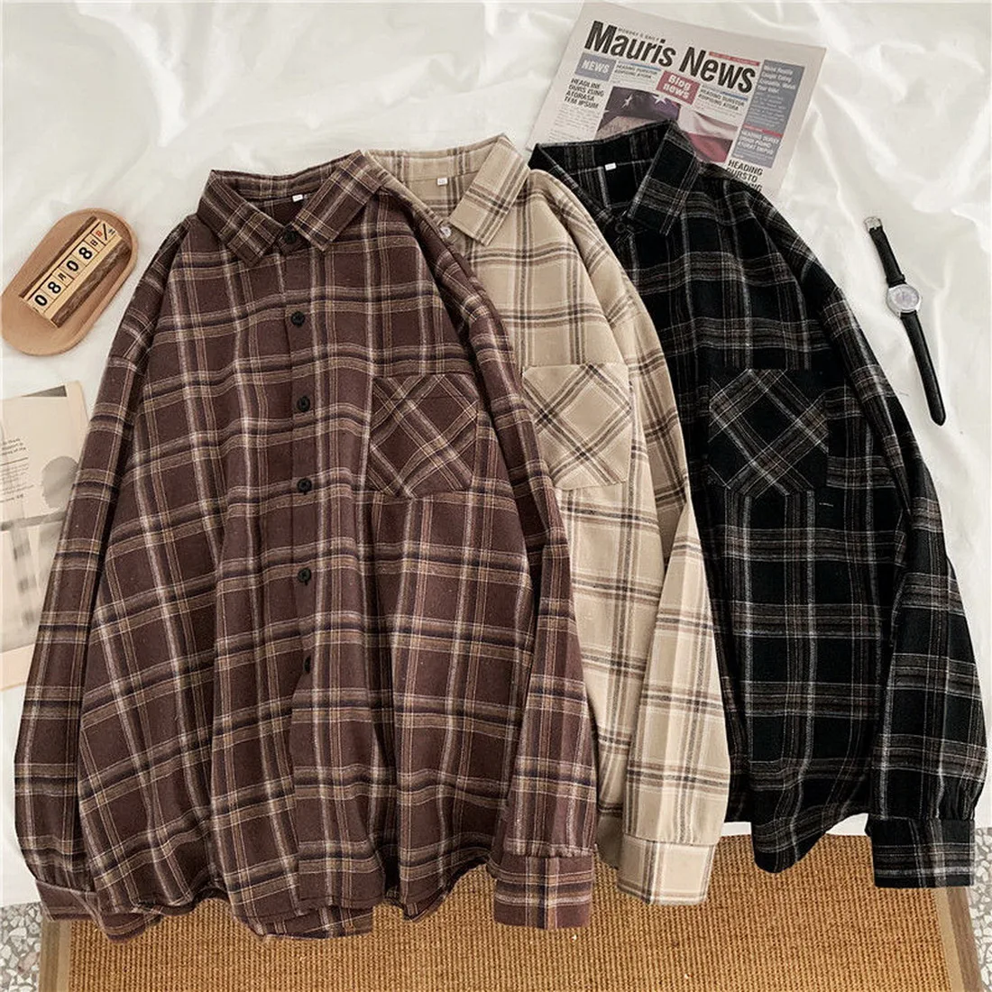 

Women Shirt Plaid Oversize Turn-down Collar Leisure Fashion Loose All-match Womens Long Sleeves Soft Chic Korean Style Tops 2021