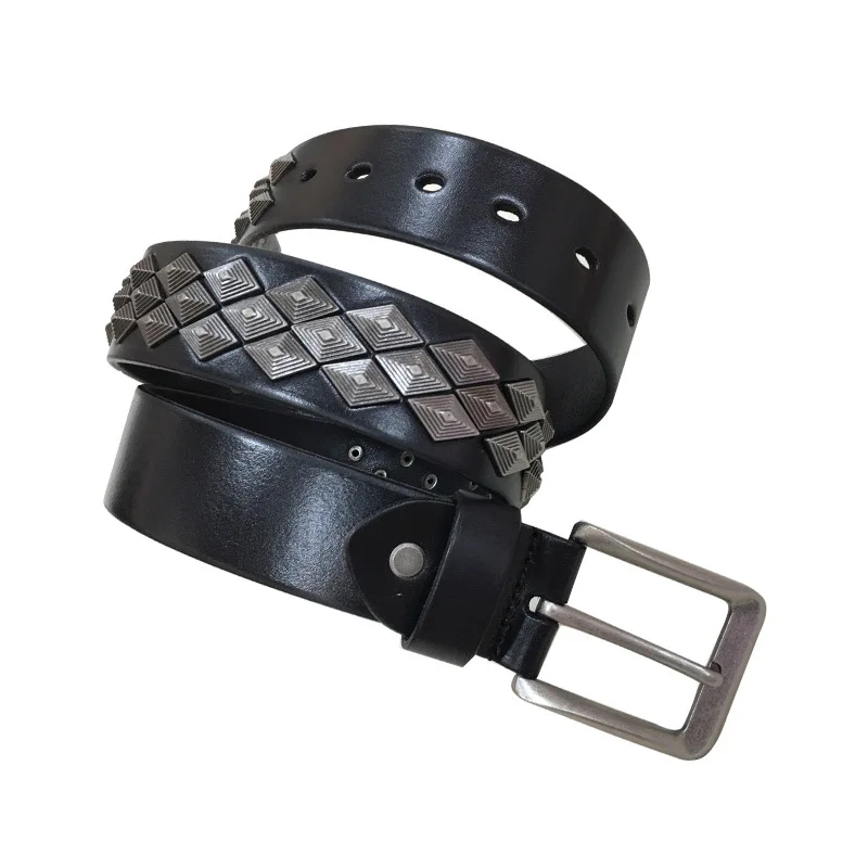 

Ремень мужской из натуральной кожи с заклепками, металлический пояс в стиле панк для джинсов, чёрный