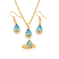 blue zircon water drop stone set crystal hoop earrings pendant ring gold color engagement fashion jewelry for women boho jewelry