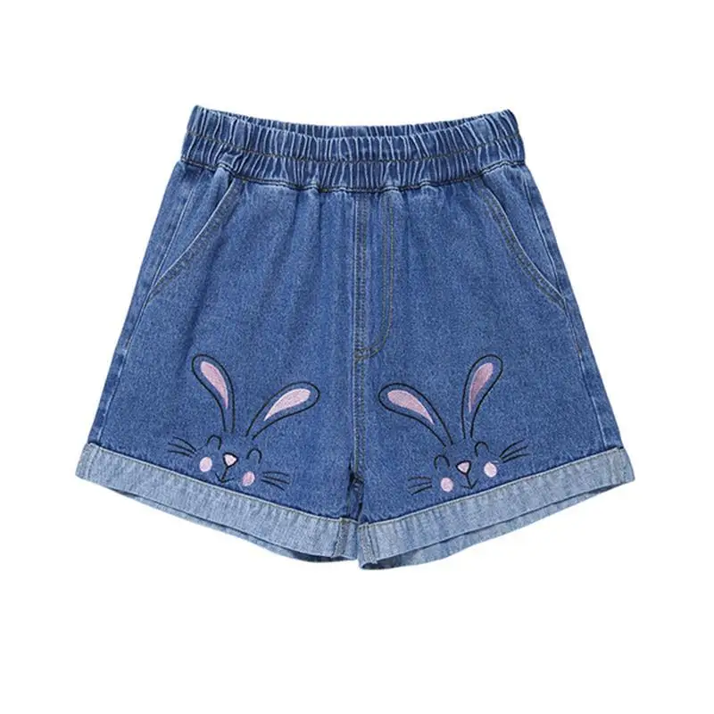 

Summer Female High Waist Denim Shorts Women Casual Loose Ladies Wide Leg Pants Elastic Waist Pocket Blue Plus Size Jeans KK0135