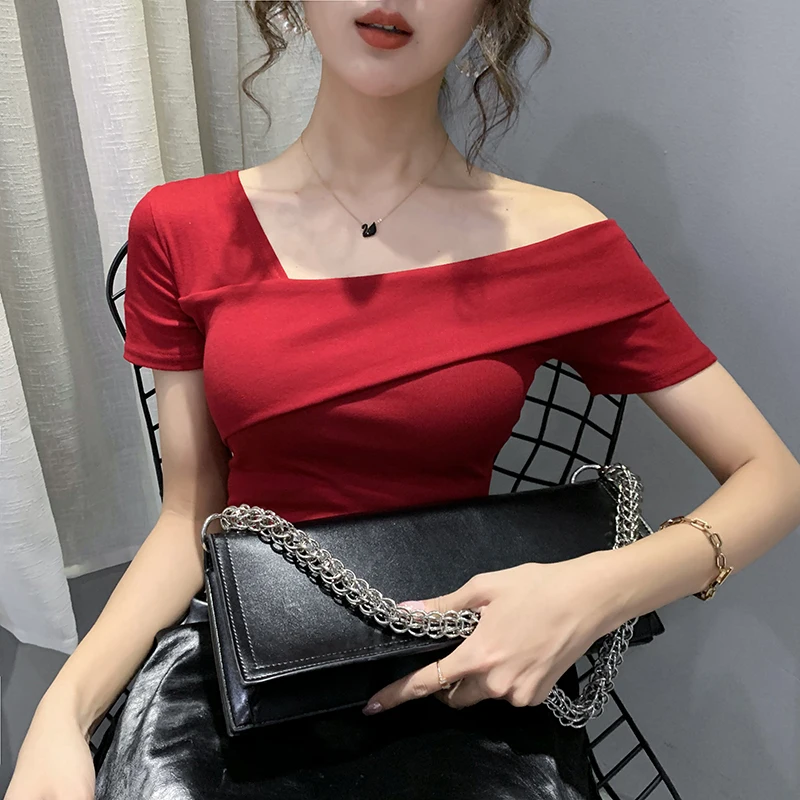 

European Clothes Fashion Asymmetrical Hollow Out T-shirt Women 2020 New Summer Back Tops Ropa Mujer Bottoming Shirt Tees