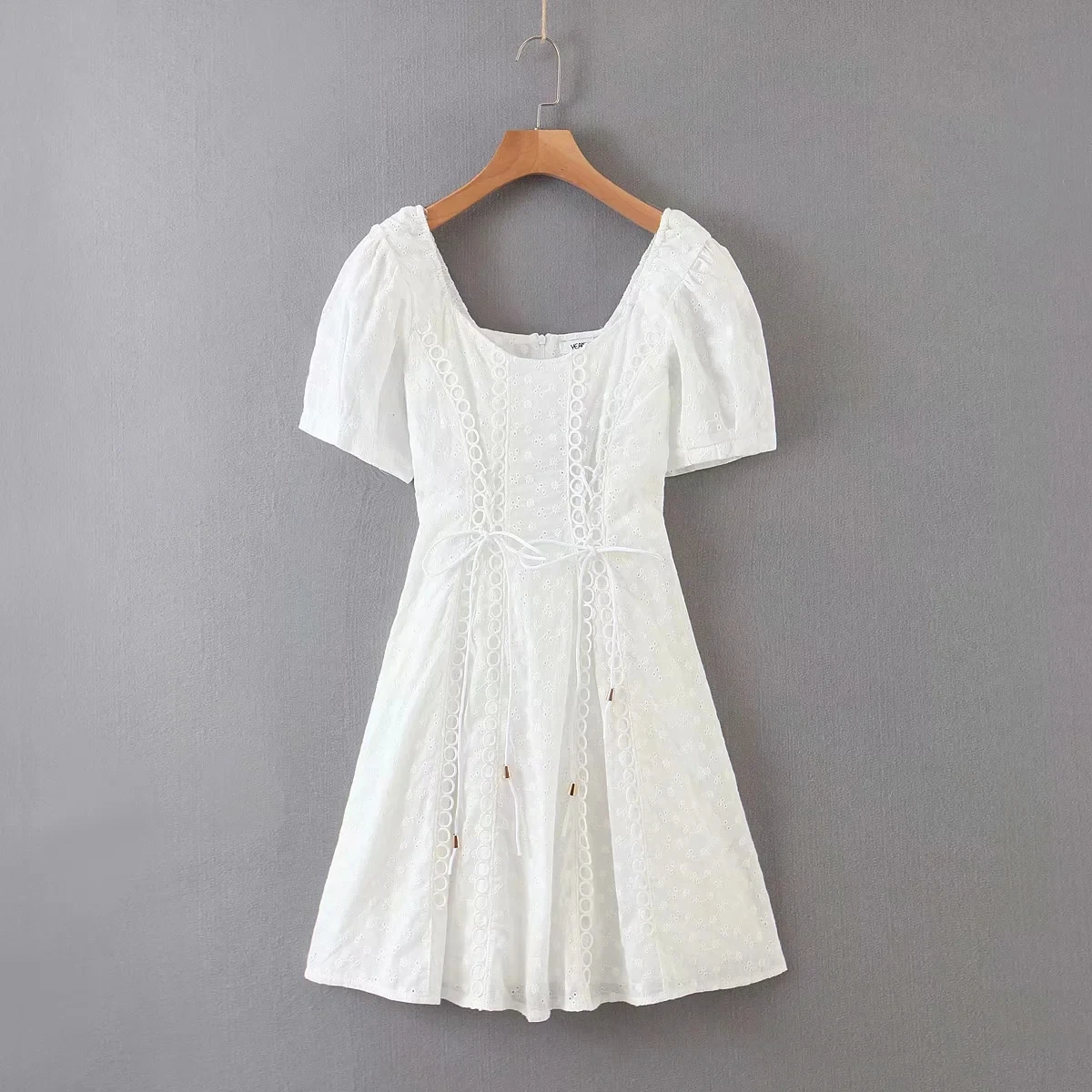 

short dress off shoulder puff sleeve sheer dress 2021 White lace embriodery summer beach dress women elegant hollow out lace up