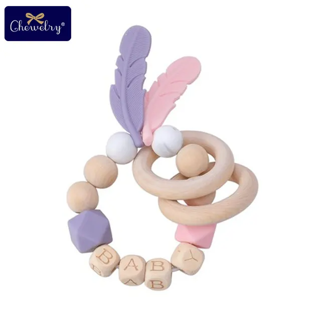 19CP0101 1 шт. детские игрушки Силиконовый браслет с перьями бука деревянные Прорезыватели для зубов DIY Детские Настраиваемые имя деревянные погремушки Прорезыватели грызунов - Цвет: 19CP0101