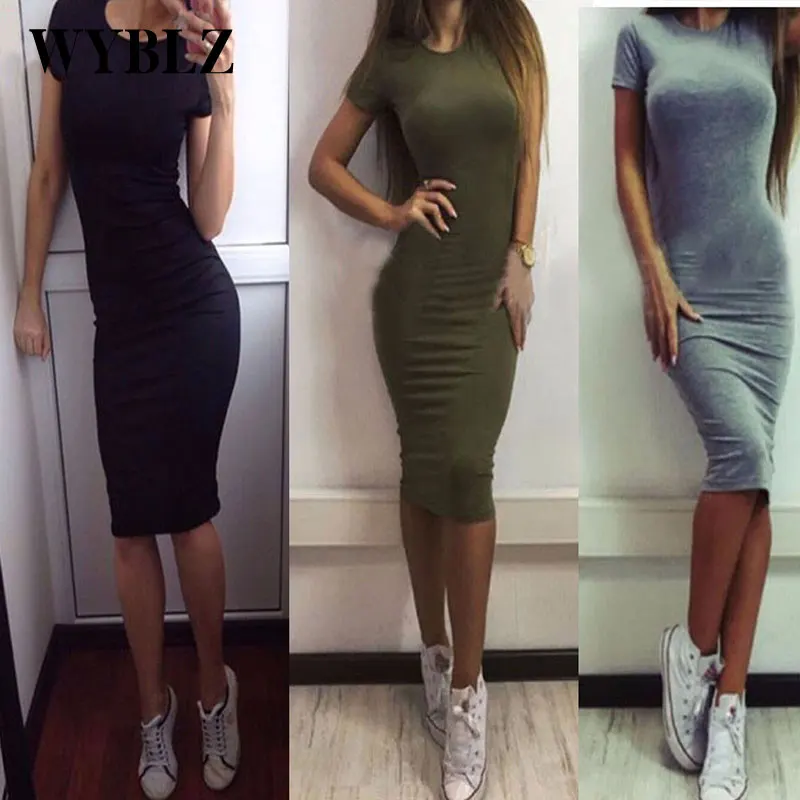 

WYBLZ Summer Women Dress Europe and America Stretchy Tight Skirt Short Sleeve Sexy Black White Basic Slim Midi Dress INS Fashion