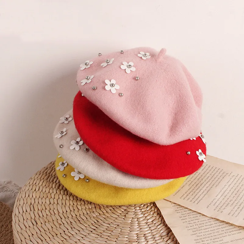 

Newest Fashion Elegant Winter Hats for Girl Kids 2020 Flowers Pearls Children Girls Wool Beret Hat Warm Cap Apparel Accessories