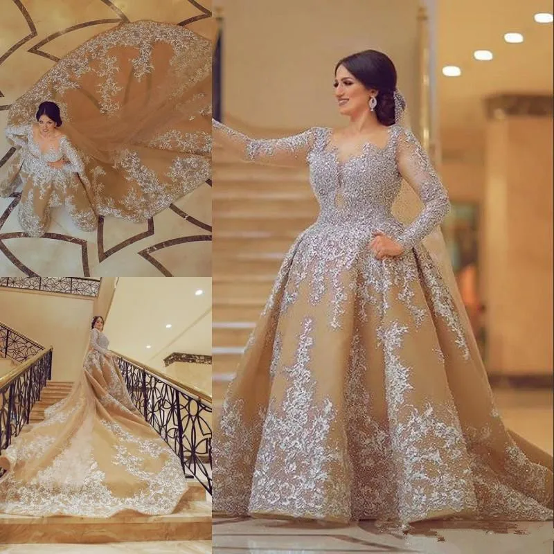 

Charming Dubai Luxurious Wedding Dresses Crystal Beadeds Lace Long Sleeve Bridal Dress Glamorous Saudi Arabia Wedding Gowns