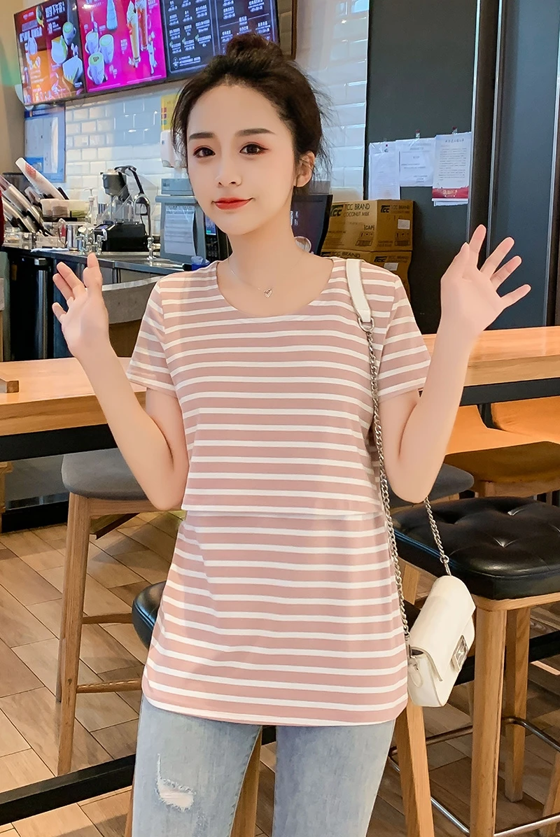 

810# Spring Summer Short Sleeve Striped Cotton Maternity Nursing Tees Breast Feeding T Shirt for Pregnant Women Pregnancy Tops