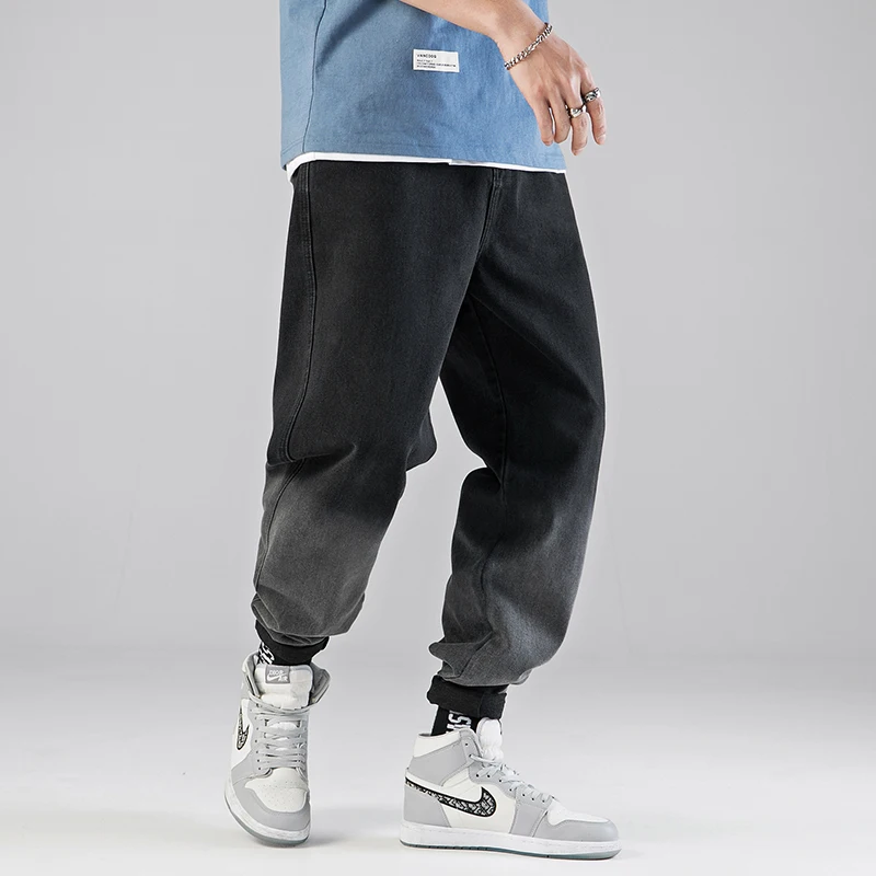 

Джинсы мужские с широкими штанинами, трендовые длинные брюки с градиентной вышивкой, с прострочкой, весна-лето