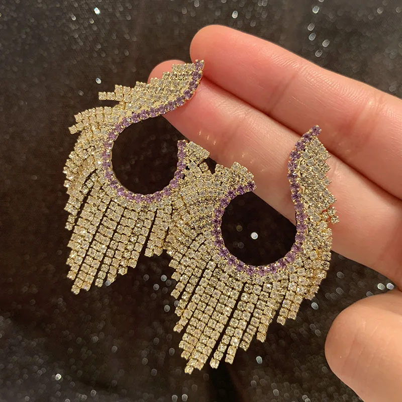 

Wave Fireworks Earrings Women's S925 Silver Needle Purple Zircon Fashion Exaggerated Super Flash Long Tassel Earrings Joker Part