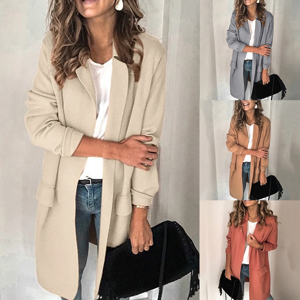 HEFLASHOR осеннее Женское пальто повседневное с длинным рукавом и отложным