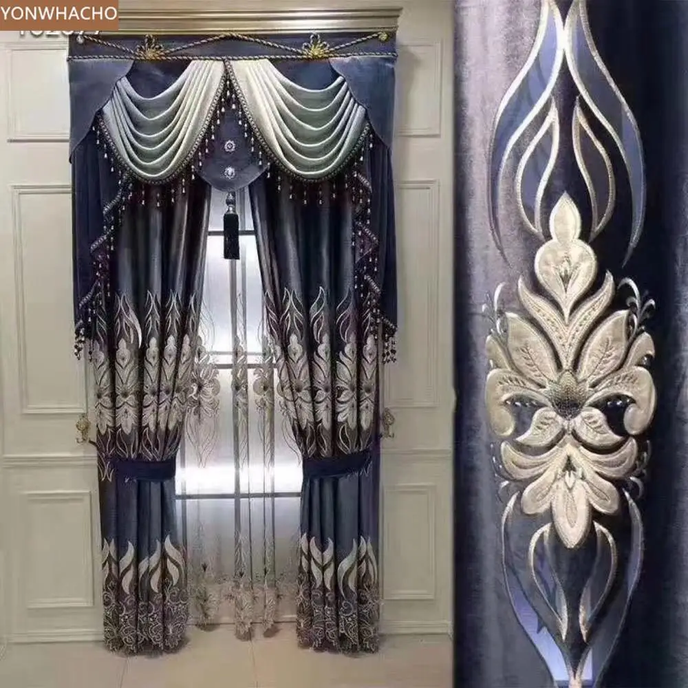 Пользовательские шторы лазерная вышивка высококлассные гостиная вилла синий
