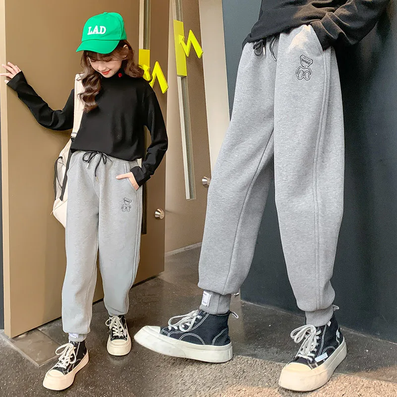 

810 year Girls Winter Jogger Pants Fleece lining Warm Thicken Grey Color Trousers Teen Girls Winter Pants