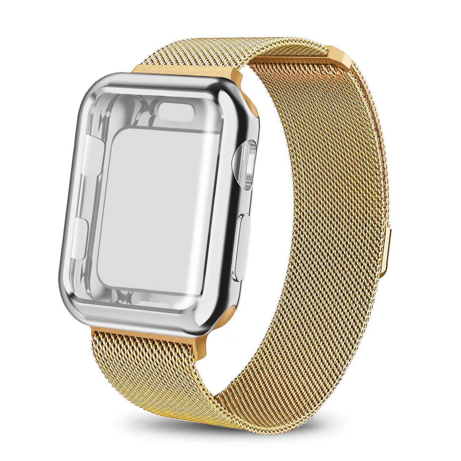 Миланская петля, ремешок из нержавеющей стали+ чехол для Apple Watch, 40 мм, 44 мм, 38 мм, 42 мм, защита экрана, спортивный браслет для iWatch - Цвет ремешка: Gold white