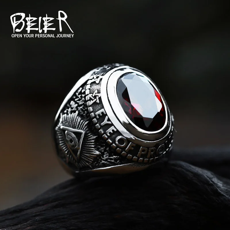 

BEIER Stainless steel Cool Unique Black Stone Ring Titanium Steel Retro Old Totem Jewelry For Man Factory Price Sale BR8-334