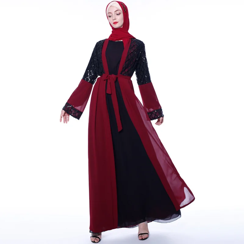 latest Dubai long-sleeved dress Muslim party Abaya ladies Arabian lace cardigan patchwork Turkish Islamic prayer gown robe