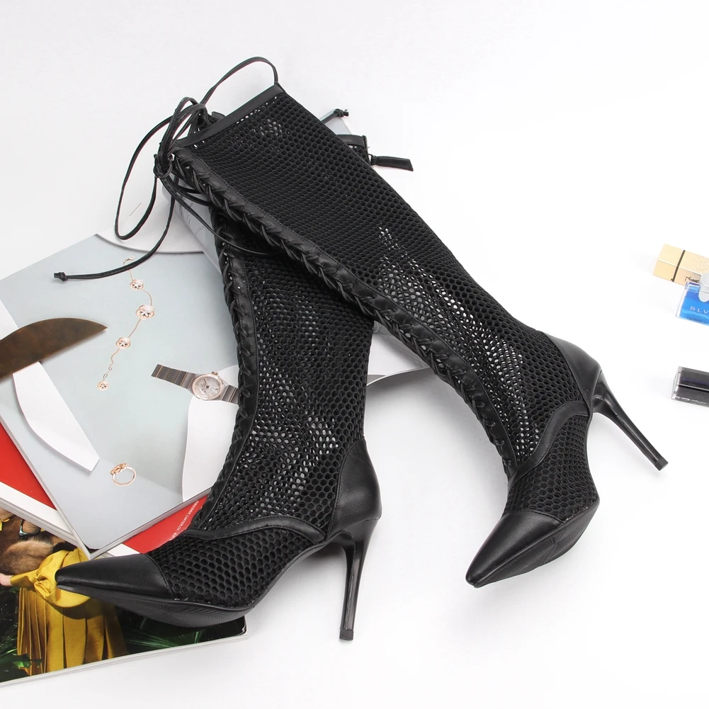 

SARAIRIS Ladies Wild High Thin Heels Summer Boots Sexy Dress Pointed Toe Summer Boots Women Brand mid-calf Mesh Shoes Woman