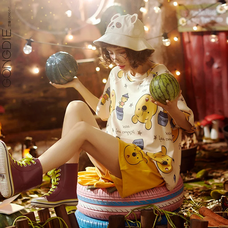 M-2XL Oversize Disney Anime Winnie the Pooh Kawaii Pjamas for Women Short Sleeve T Shirt and Shorts Casual Home Wear Shorts Sets