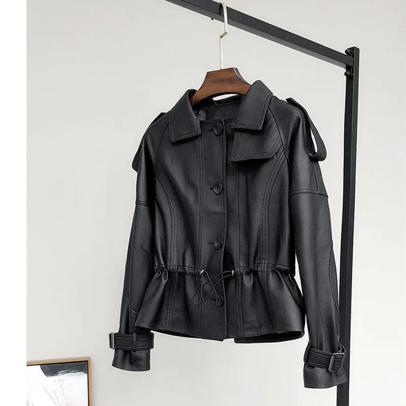 

2021 Spring Autumn Women Short Motorcycle Jacket Turndown Collar Loose Coat Single Breasted PU Faux Soft Leather Outwear Y623