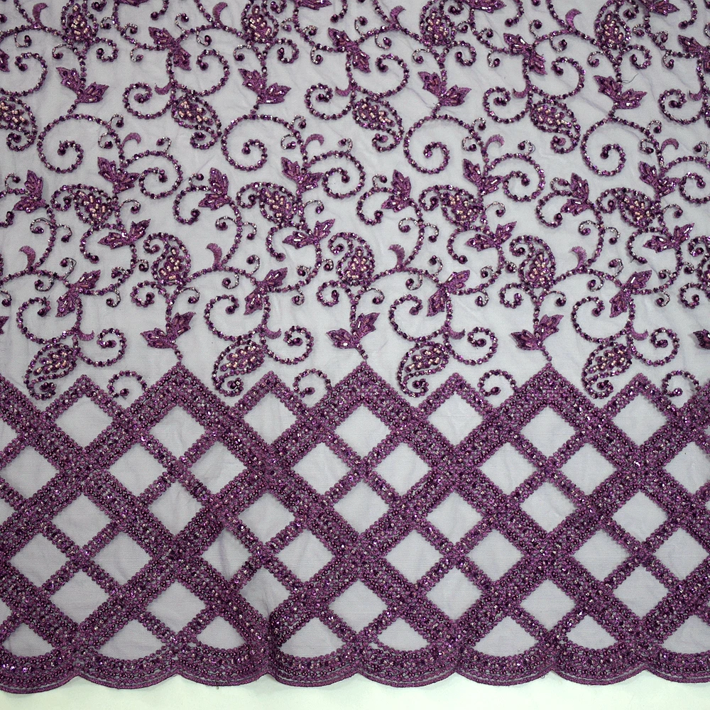 

2021 Latest Purple African Heavy Handmade Beaded Lace French Lace Fabric HY1002-3