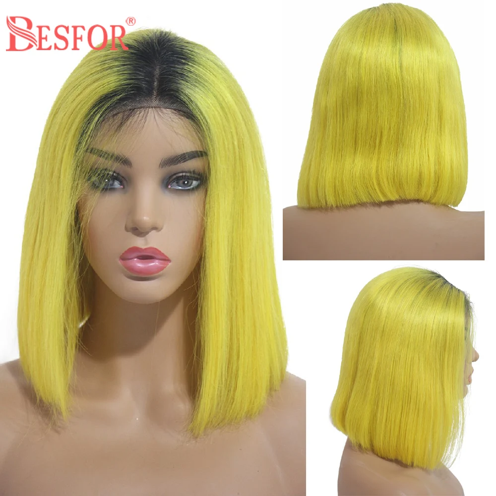 

BESFOR 1B-Yellow Bob 13×4 Lace Front Wig Balayage Hair For Women Brazilian Straight Remy Short Ombre Colored Human Hair Wigs