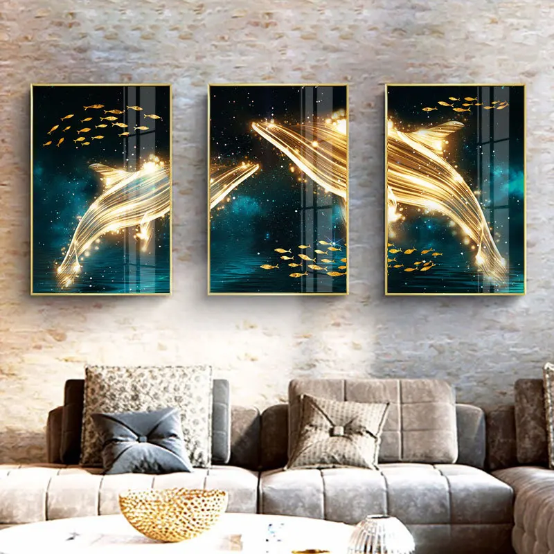 Whale Starry Sky Scenery Canvas Posters Wall Print Yellow Abstract Sea Animals Fish Combination Painting Living Room Decorative | Дом и сад