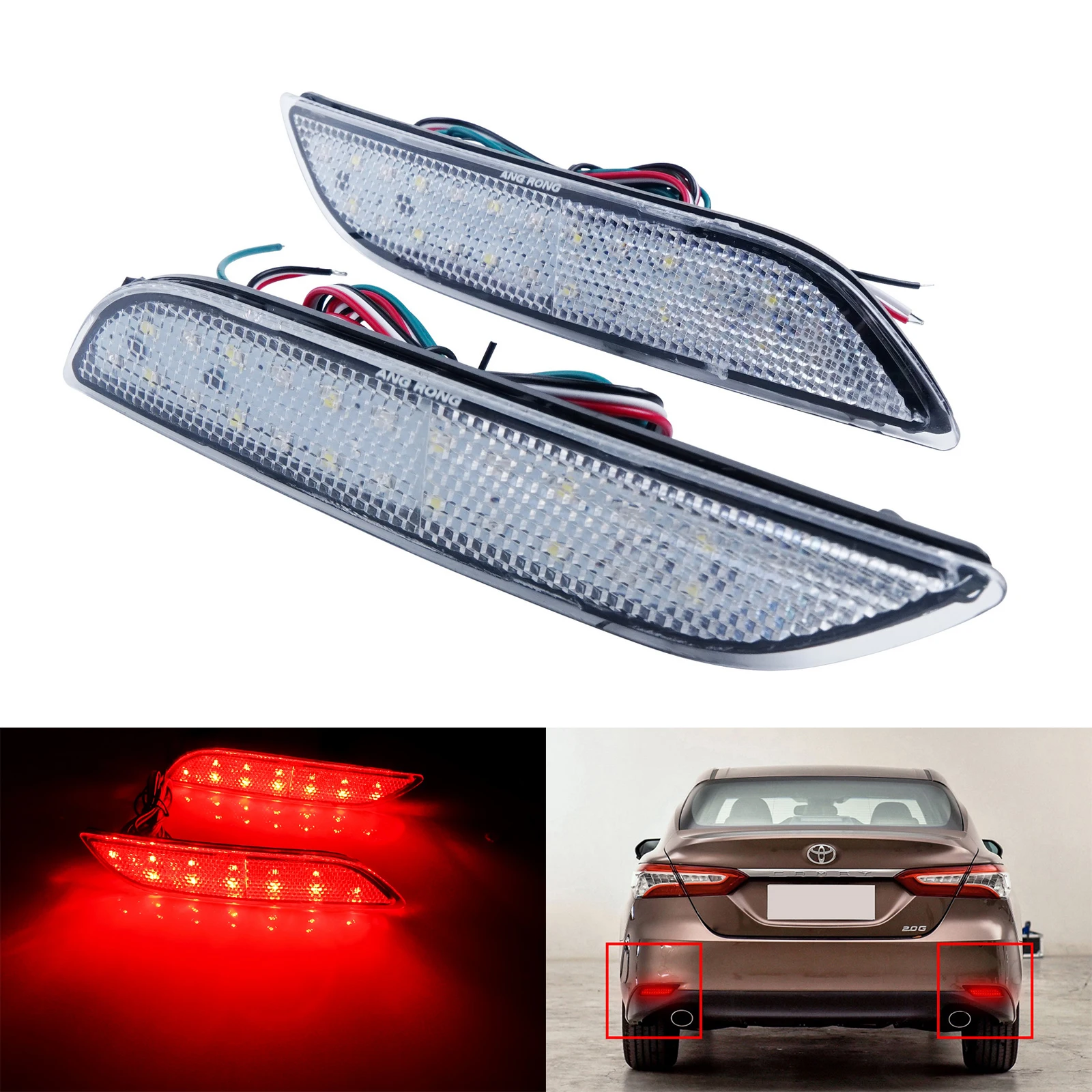 

ANGRONG 2X For 2018-2020 Toyota Camry Clear Lens LED Rear Bumper Reflector Tail Brake Light