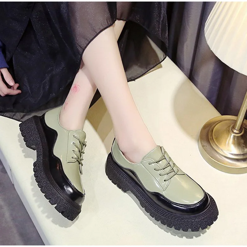 

Women's Leather Shoes Square Toe Chunky Heels Ladies Pumps Platform Lace Up Autumn 2021 Mixed Color Female Footwear Non slip New