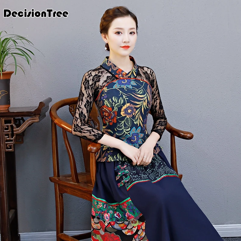 Элегантные ретро китайские женские cheongsam топы Вышитые Печатные Топы Ципао традиционные классические кружевные рукава кофточка Ципао