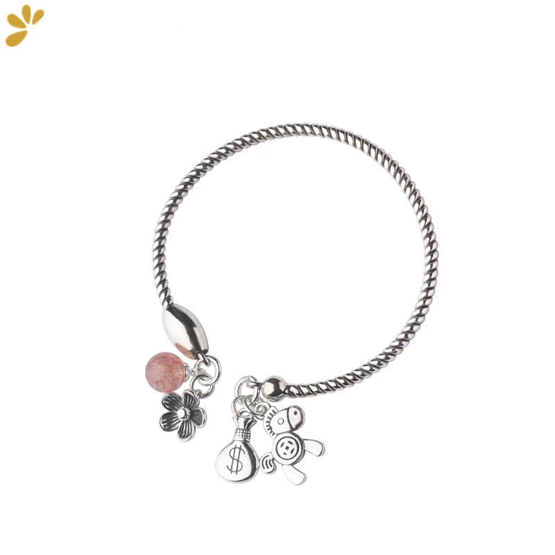 

925 Sterling Silver Strawberry Quartz Bangle Horse Flower Wallet Bead Charms Bracelets Bangles Resizable Fine Jewelry for Women