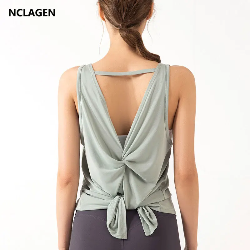 

NCLAGEN Sports Top Women Yoga Vest Fitness Open Back Top Sexy Elastic Athletic Active Quick Dry Fit Gym Running Workout Blouse