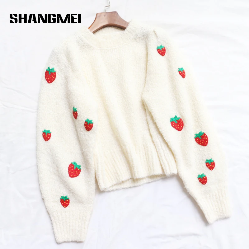 

Женский свитер с круглым вырезом, Милый джемпер с длинным рукавом и вышивкой клубники, Осень-зима