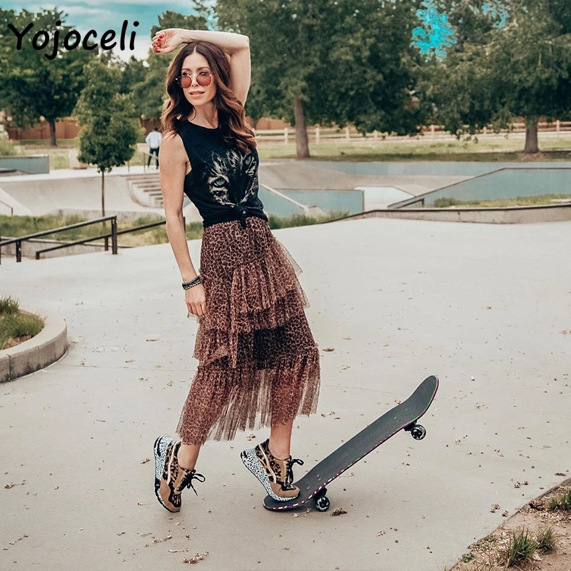 Yojoceli леопардовая юбка сетчатая гофрированная Юбка-миди Женская Лоскутная