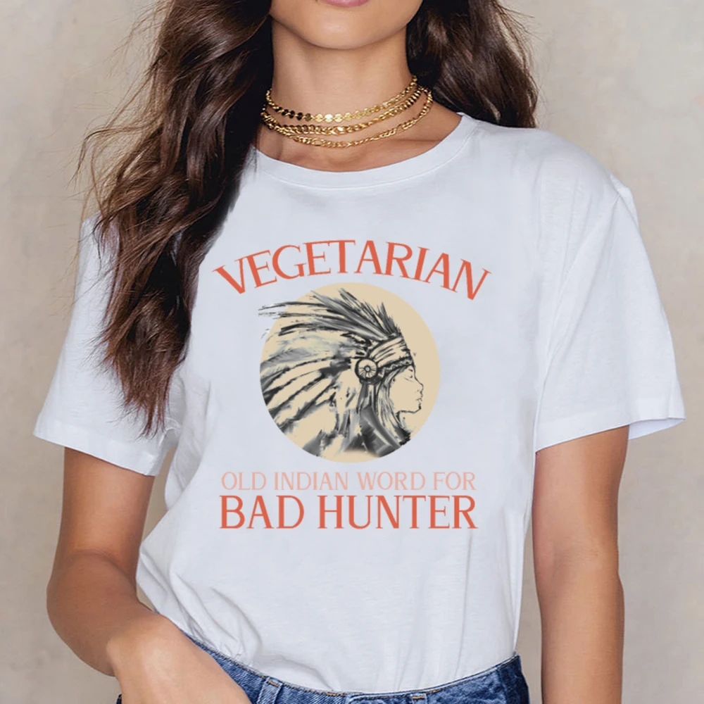 Топы Футболка Для женщин вегетарианские индийских слово за плохих Охотник s 34