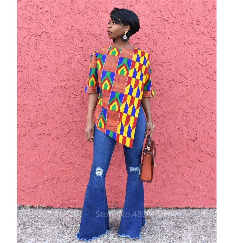 Женская африканская одежда 2021 Дашики с принтом раздельный топ летние джинсовые