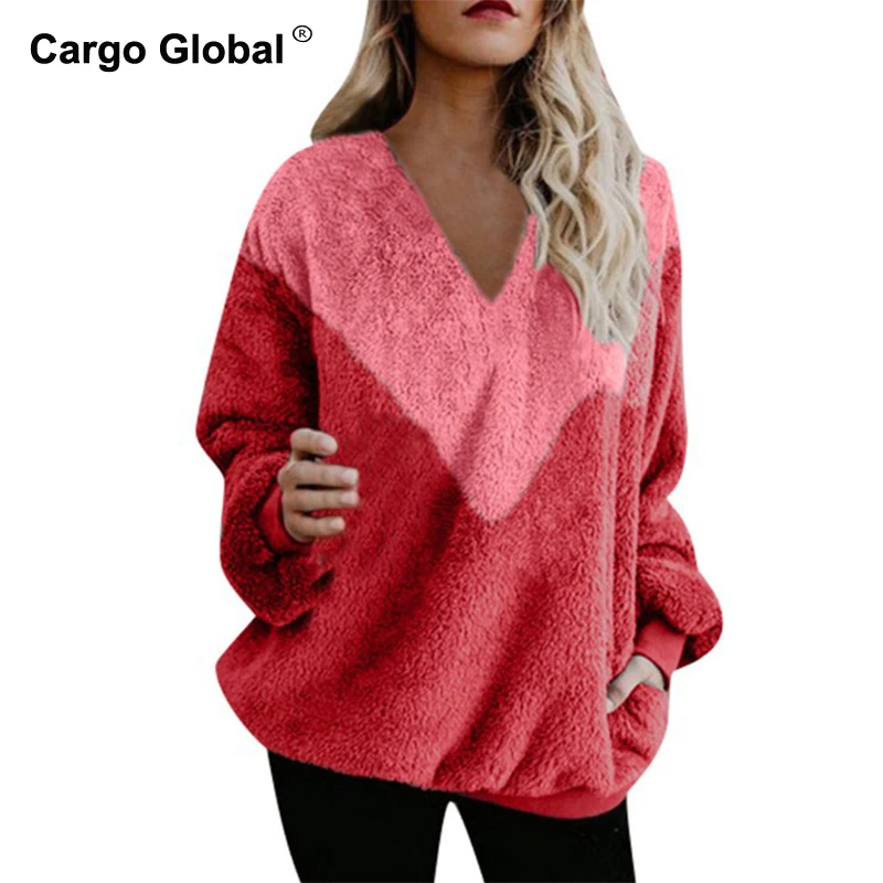 2019 осенне зимний женский утепленный флисовый пуловер с v образным вырезом и