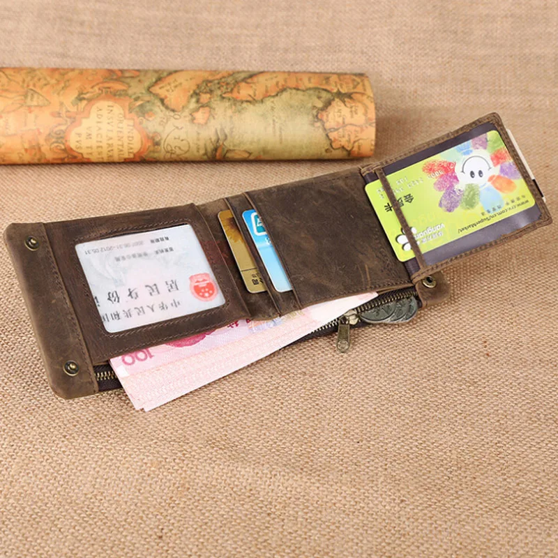 

Men's Mad Horse Leather Wallet Button Leather Wallet Short Cross-section Retro-brown