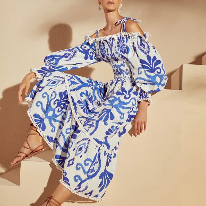 

Women Maxi Strappy Dress Summer Floral Print High Waist Tunic Casual Slip Dress