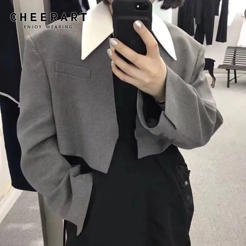 Cheerart укороченная куртка женская серая открытая стежка пальто короткая Высокая