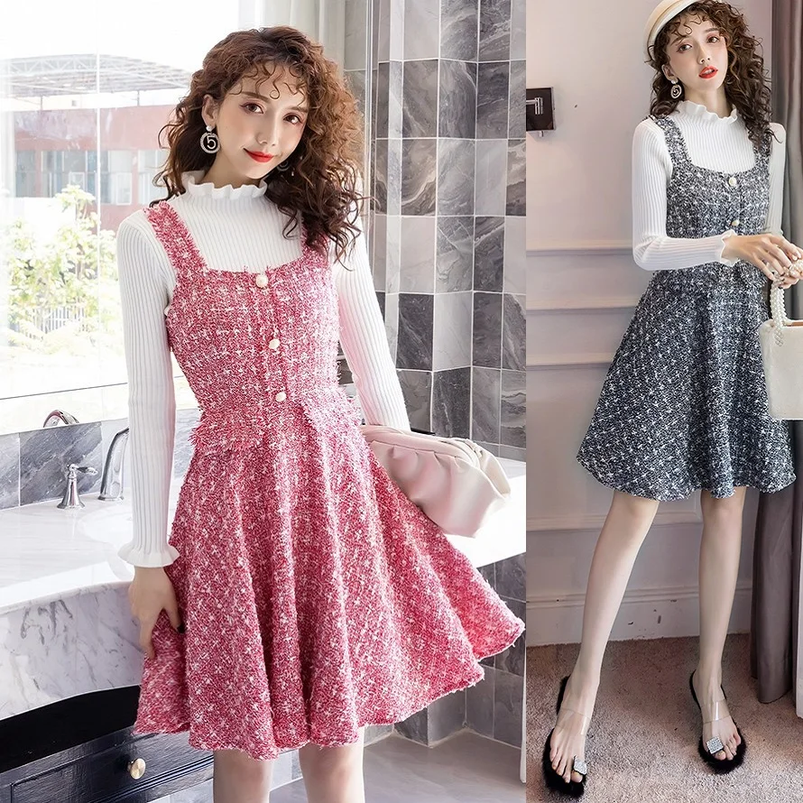 Зимнее женское Шерстяное милое платье на бретелях стоячий воротник рукав