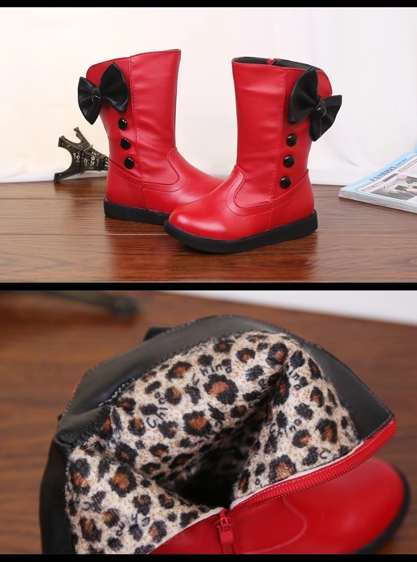 Girls Fashion Boots Autumn Winter Platforms PU Leather Mid-calf Princess Boots Butterfly-knot Ornament Toddler Kids Shoes