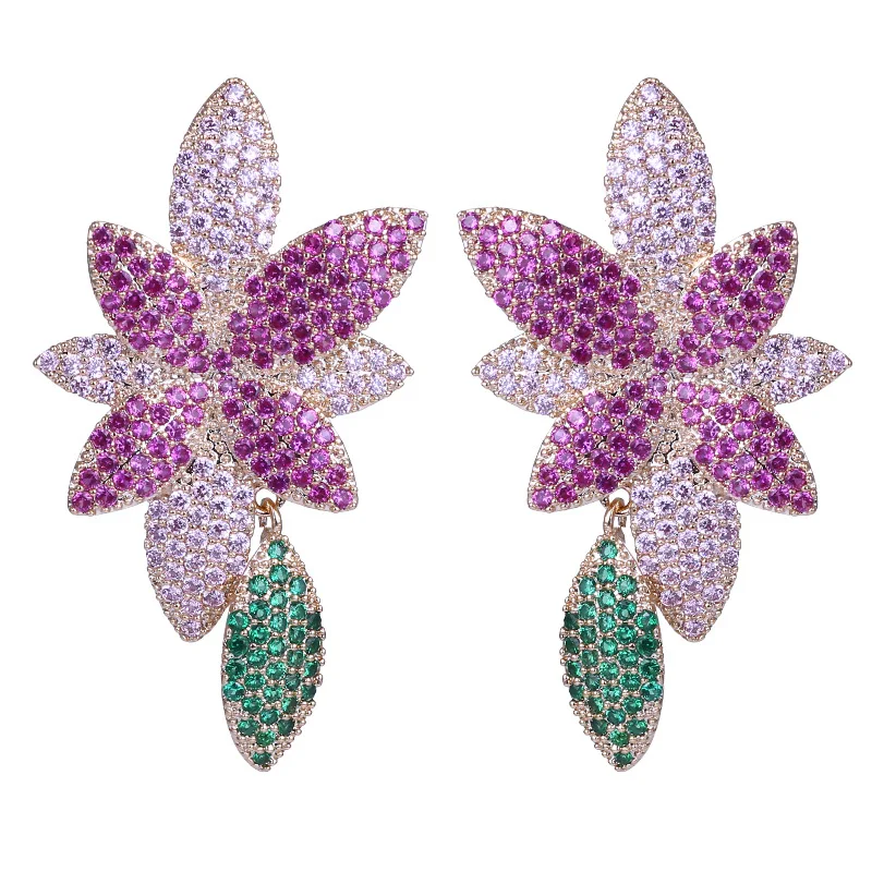 

Europe and America Statement Wedding Earrings Jewelry Micro Pave Cubic Zirconia Brand Earings Colorful Flower Leaf Dangle