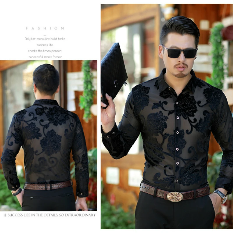 

Lace Flower See Through Shirt Men Casual Slim Fit Long Sleeve Summer Sexy Night Club Prom Transparent Shirt Camisa Masculina