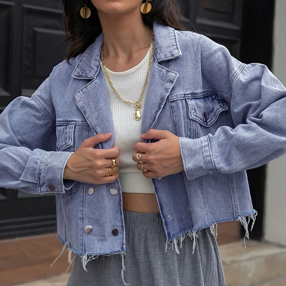 

2021 Women New Denim Jacket Lapel Single Breasted Cardigan Solid Color Long Sleeve Autumn Winter Fashion Temperament Casual