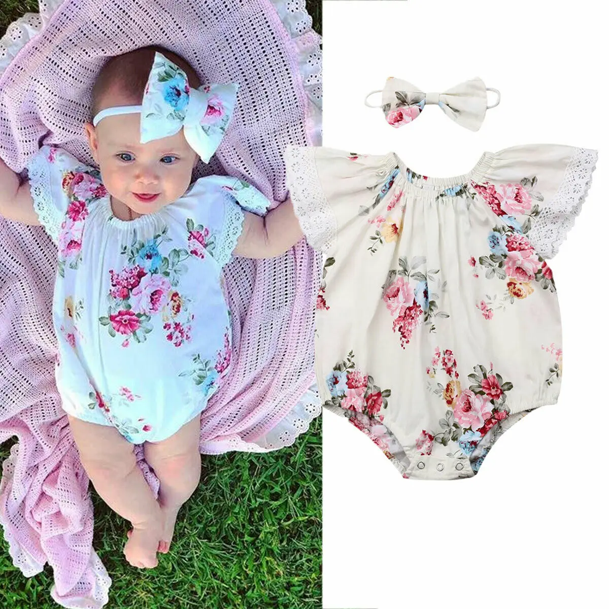 

Newborn Baby Girl Clothes Sleeveless Flower Print Lace Ruffle Romper Headband 2Pcs Outfits Summer Clothes