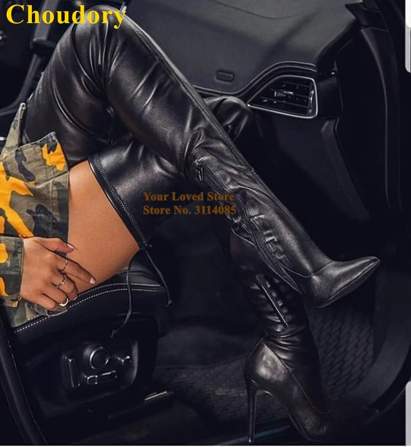Черные облегающие сапоги чулки Choudory с острым носком на тонком высоком каблуке